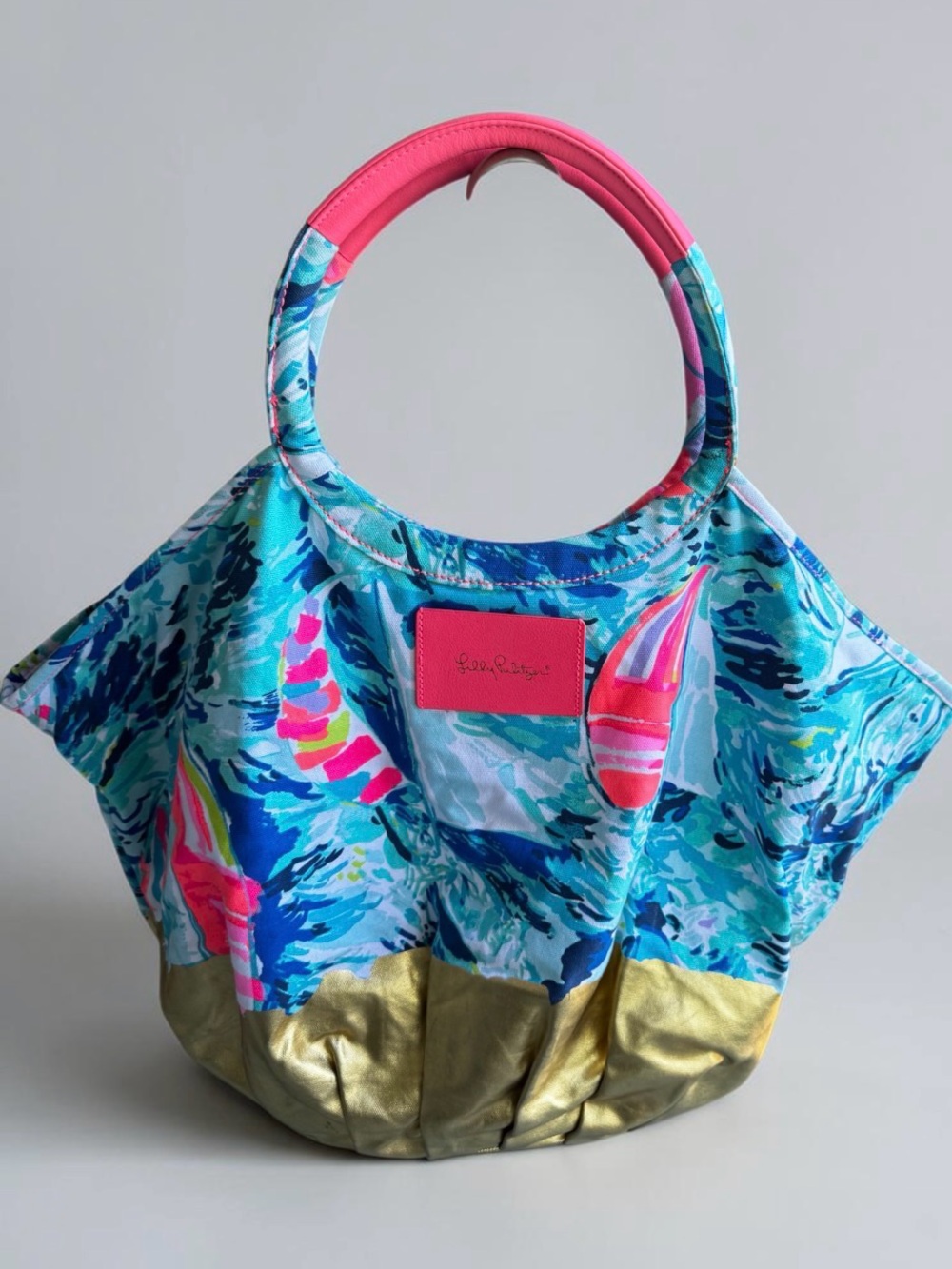 Lilly Pulitzer Pink & Blue Canvas Sailboat Tote with Gold Bottom